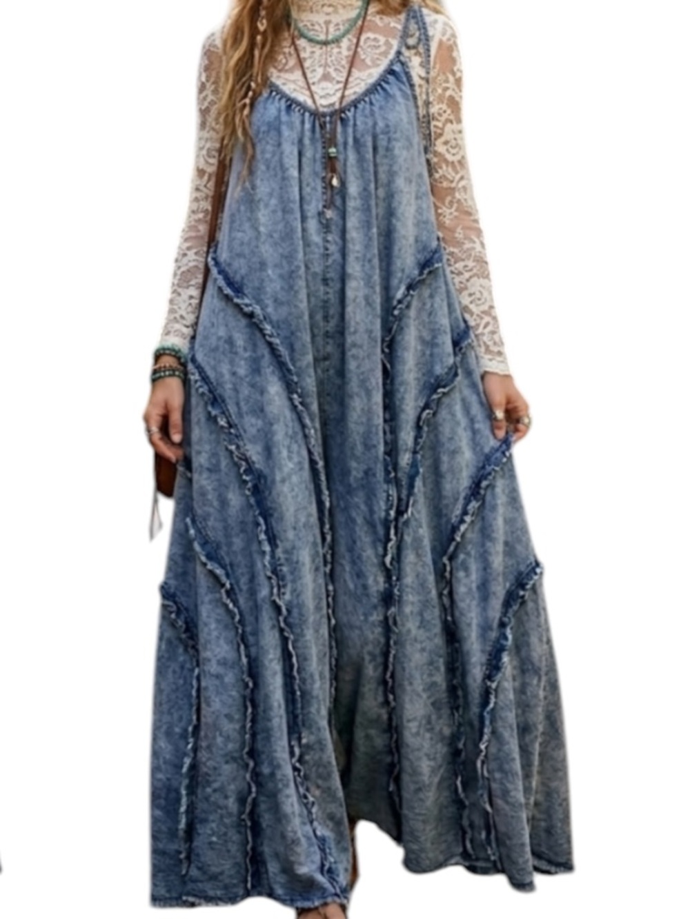 Boho Washed Blue Wide-Leg Jumpsuit with Tie Straps - Picture 2 of 4